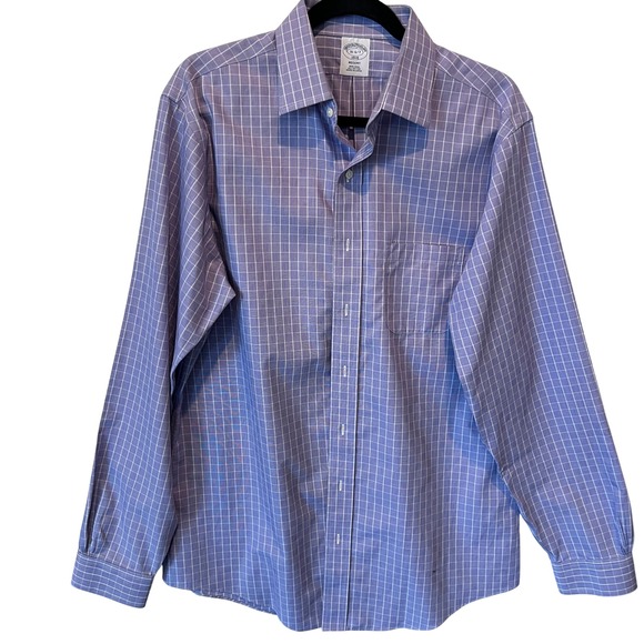 Brooks Brothers 1818 Regent Mens 16 34/35 Purple Windowpane Non-Iron Dress Shirt - Picture 1 of 8